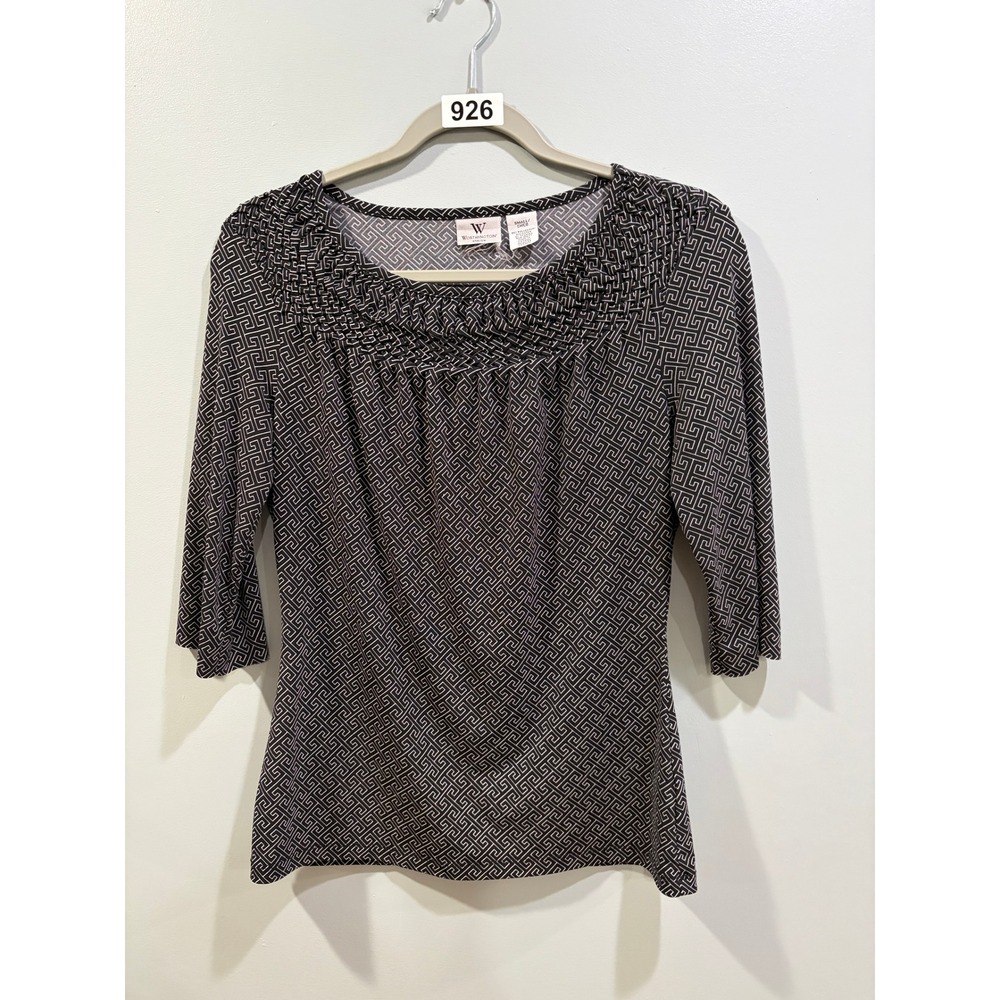 Worthington/Chico Stretch Women Black White Geometric Smocked 3/4 Sleeve Top